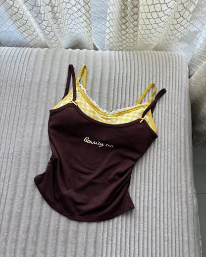 Sweetheart Gingham Built-in Bra Cami Tops