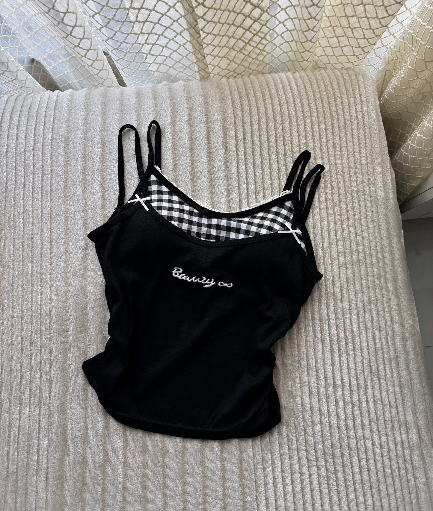 Sweetheart Gingham Built-in Bra Cami Tops