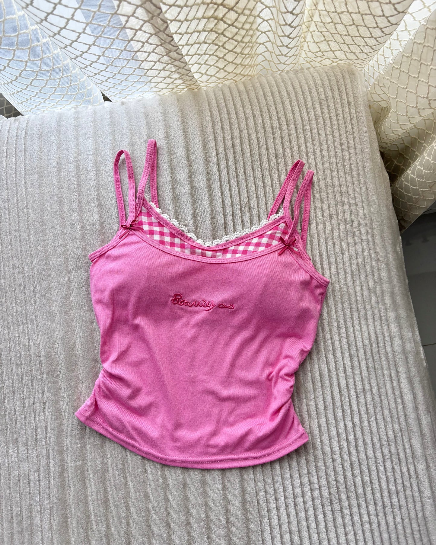 Sweetheart Gingham Built-in Bra Cami Tops