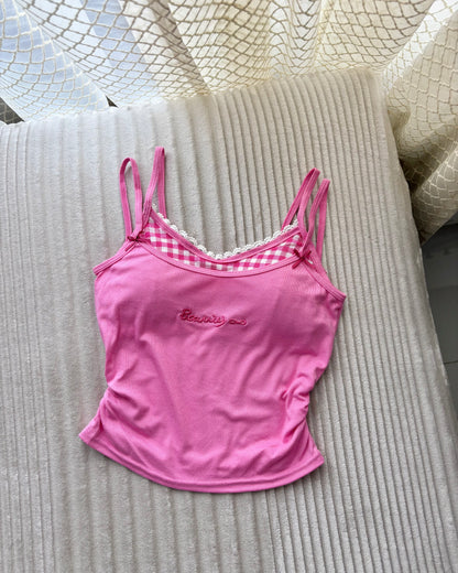 Sweetheart Gingham Built-in Bra Cami Tops
