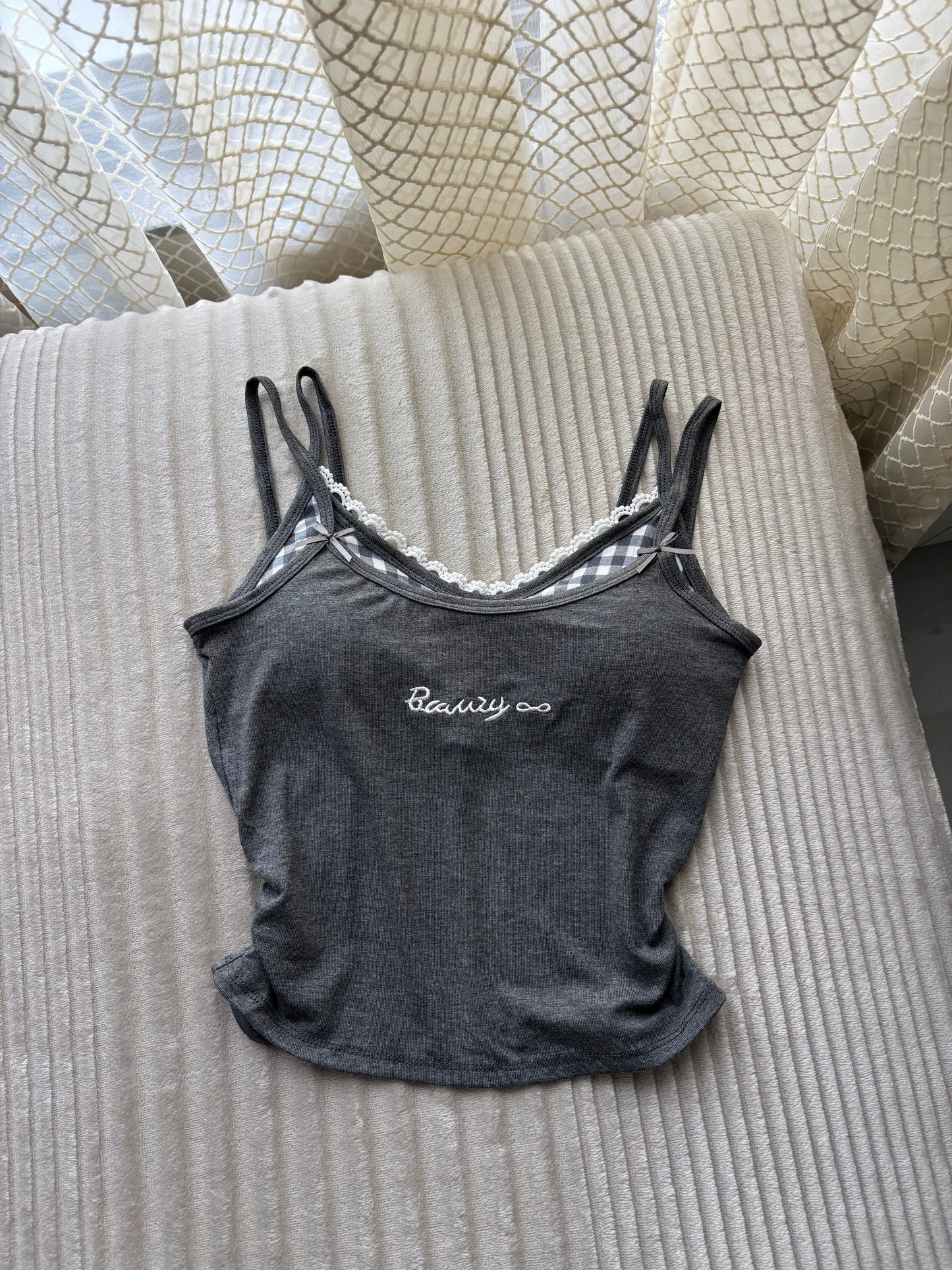 Sweetheart Gingham Built-in Bra Cami Tops