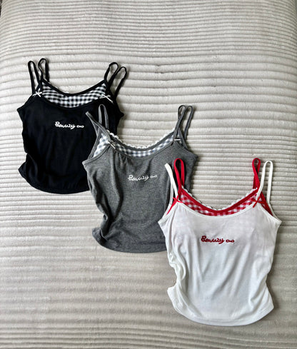 Sweetheart Gingham Built-in Bra Cami Tops