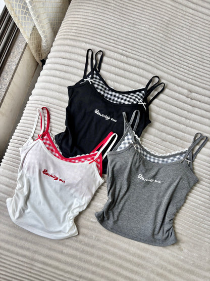 Sweetheart Gingham Built-in Bra Cami Tops
