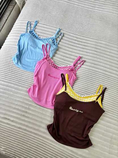 Sweetheart Gingham Built-in Bra Cami Tops