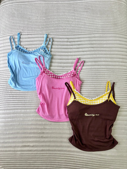 Sweetheart Gingham Built-in Bra Cami Tops