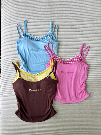 Sweetheart Gingham Built-in Bra Cami Tops