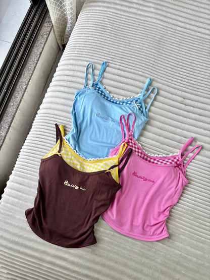 Sweetheart Gingham Built-in Bra Cami Tops