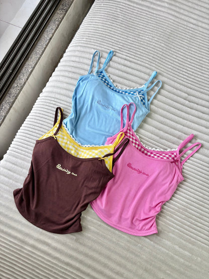 Sweetheart Gingham Built-in Bra Cami Tops