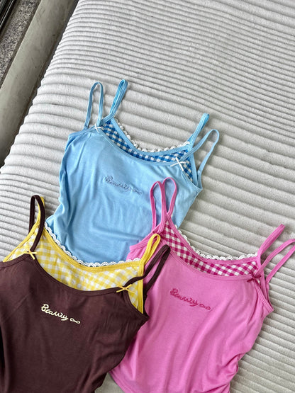 Sweetheart Gingham Built-in Bra Cami Tops