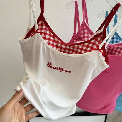 Sweetheart Gingham Built-in Bra Cami Tops