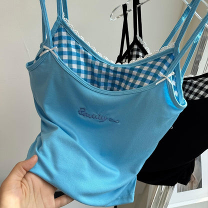 Sweetheart Gingham Built-in Bra Cami Tops