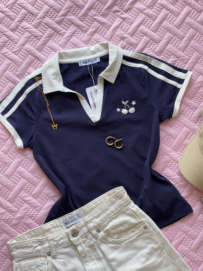 "Cherry" Blue Polo T-shirt