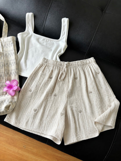 Pista Cream Embroidered Heart Mul Cotton Shorts