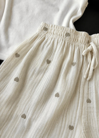 Pista Cream Embroidered Heart Mul Cotton Shorts