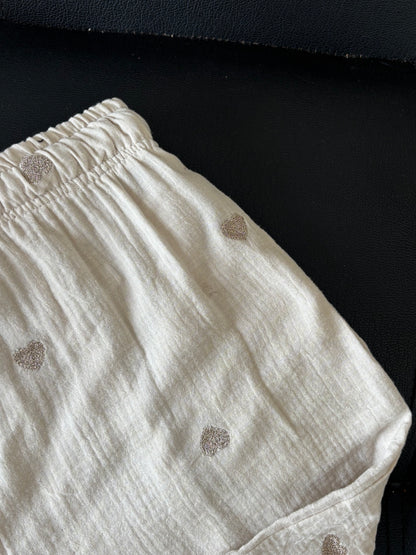 Pista Cream Embroidered Heart Mul Cotton Shorts