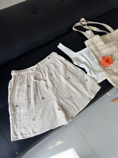 Pista Cream Embroidered Heart Mul Cotton Shorts