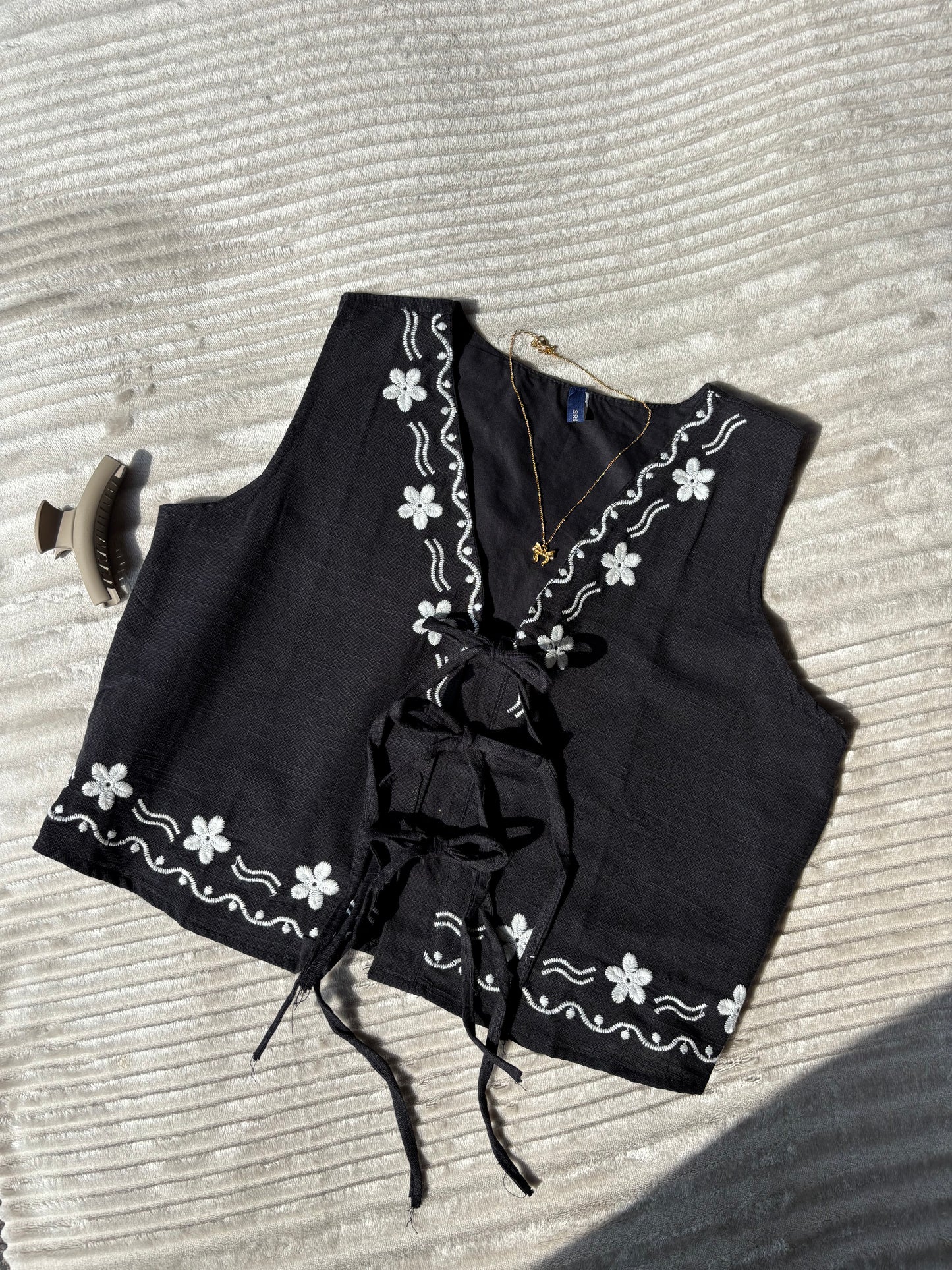 Black Embroidered Tie Up Vest