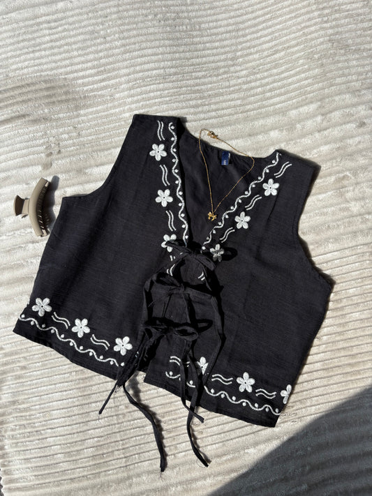 Black Embroidered Tie Up Vest