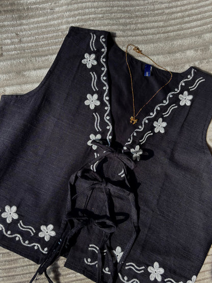 Black Embroidered Tie Up Vest