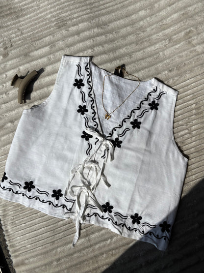 White Embroidered Tie Up Vest