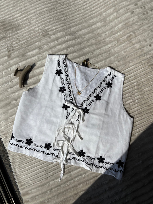 White Embroidered Tie Up Vest