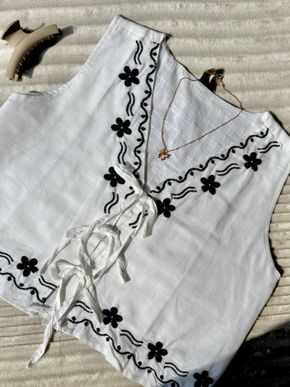 White Embroidered Tie Up Vest
