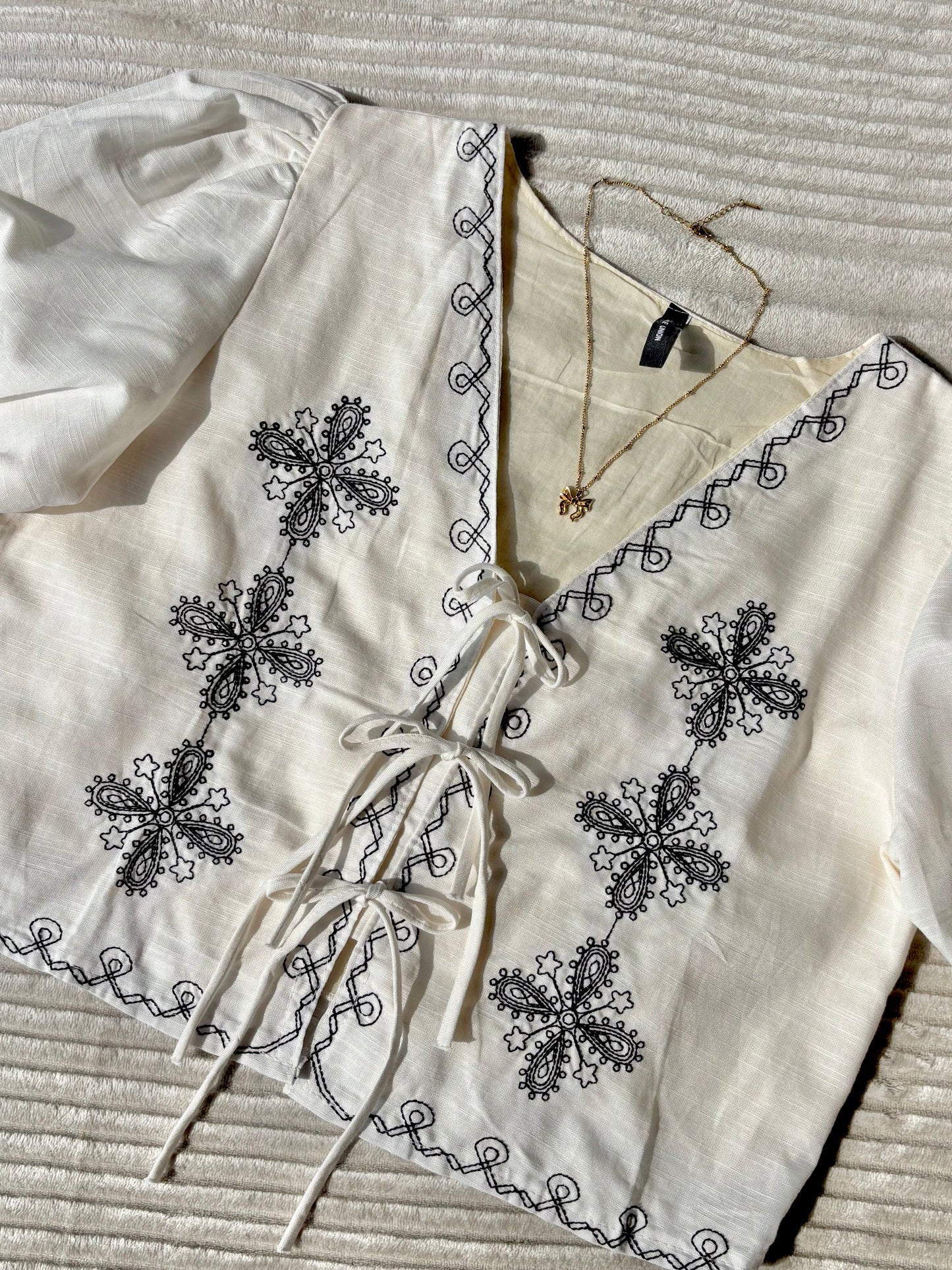 Off-White Embroidered Tie Up Top