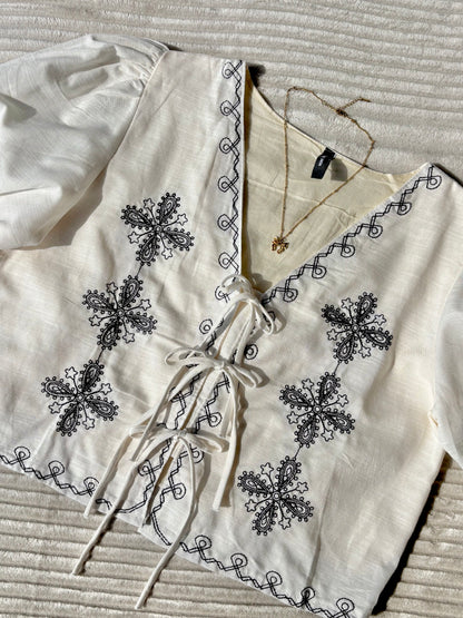 Off-White Embroidered Tie Up Top