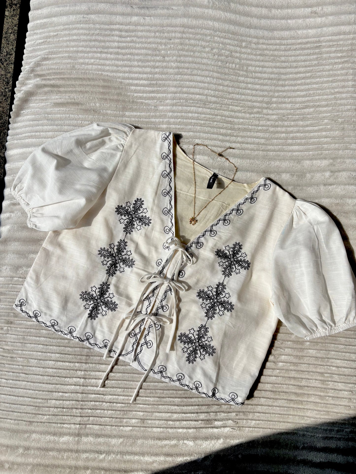 Off-White Embroidered Tie Up Top