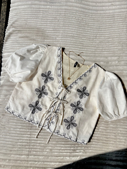 Off-White Embroidered Tie Up Top