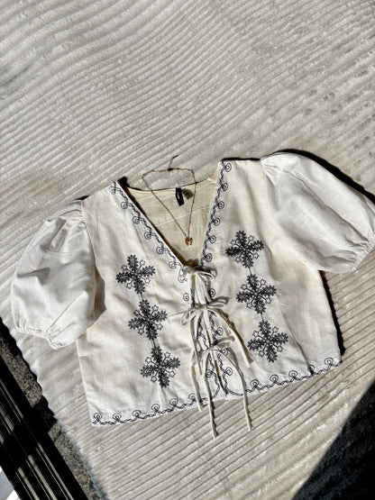 Off-White Embroidered Tie Up Top