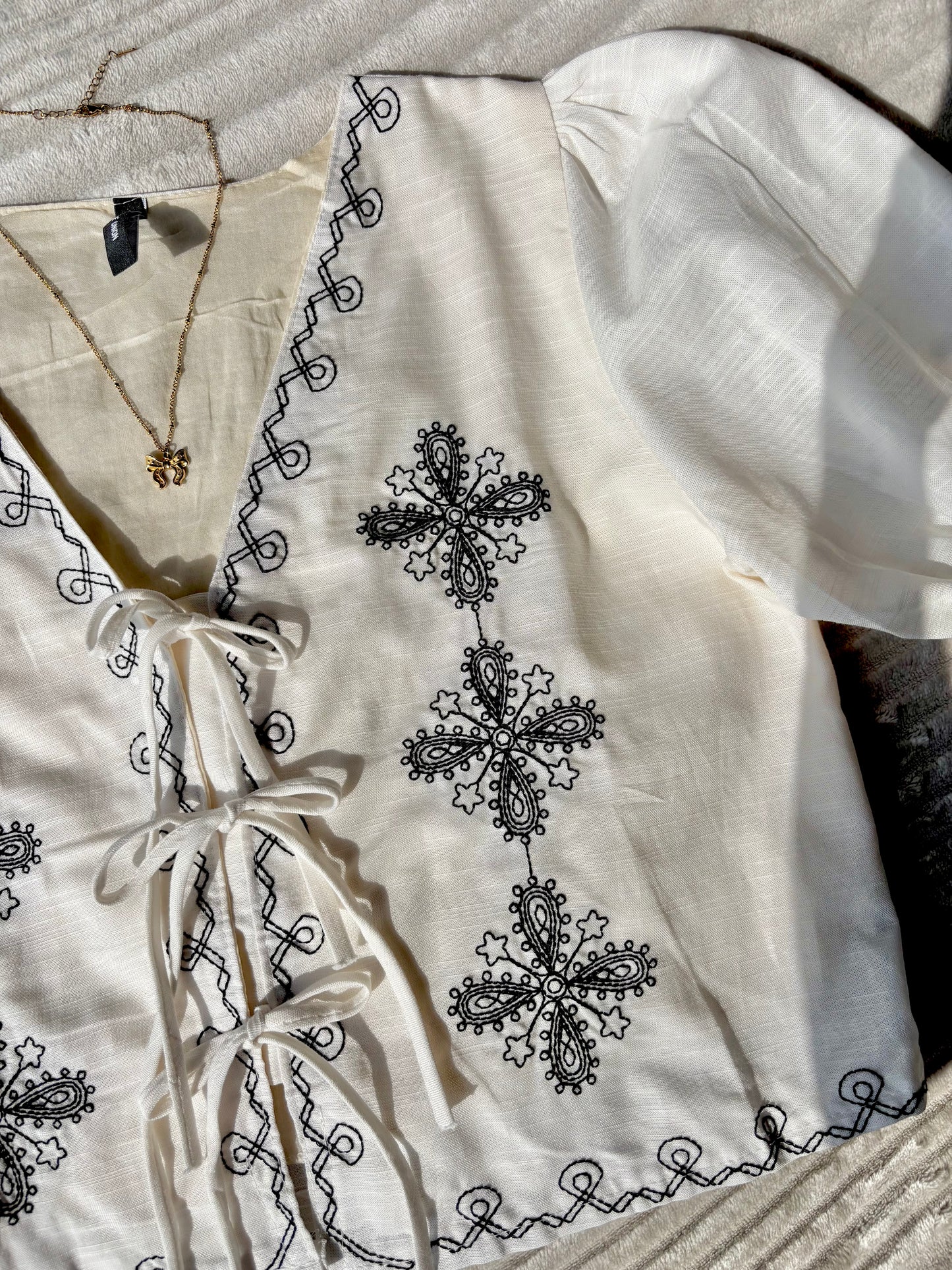 Off-White Embroidered Tie Up Top