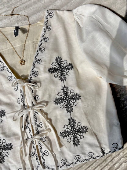 Off-White Embroidered Tie Up Top