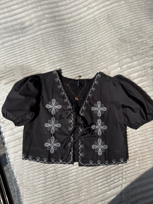Black Embroidered Tie Up Top
