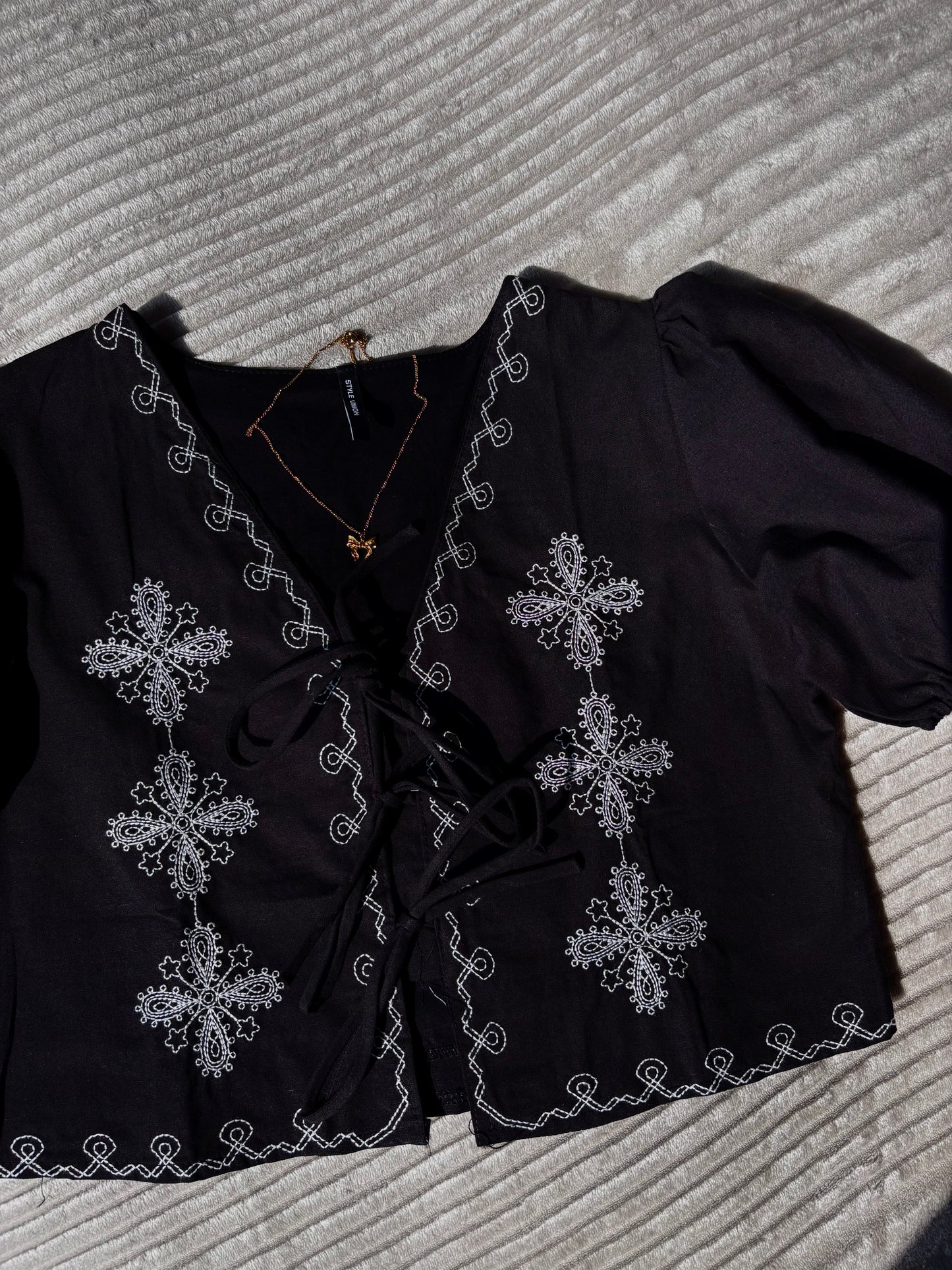 Black Embroidered Tie Up Top