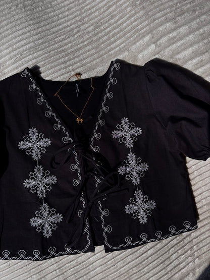 Black Embroidered Tie Up Top