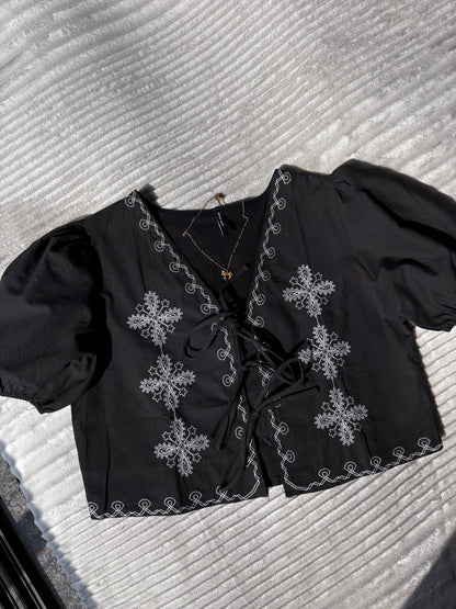 Black Embroidered Tie Up Top