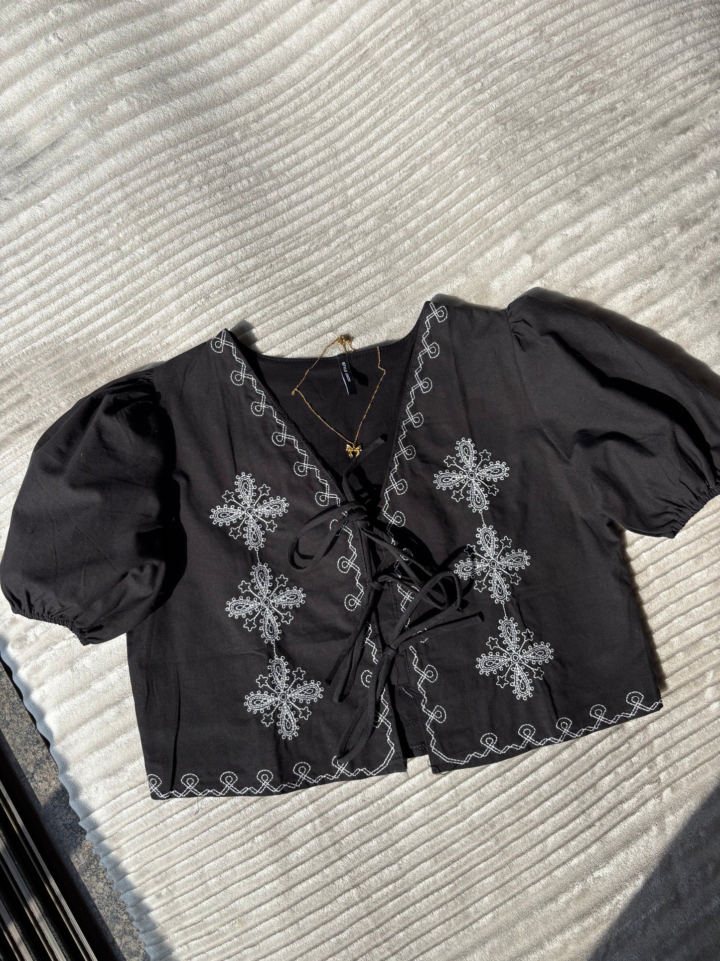Black Embroidered Tie Up Top
