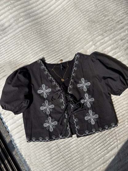Black Embroidered Tie Up Top