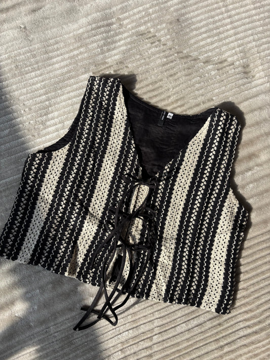 B&W Embroidered Tie Up Vest