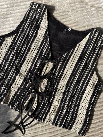 B&W Embroidered Tie Up Vest