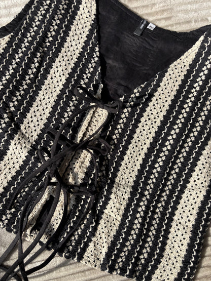 B&W Embroidered Tie Up Vest