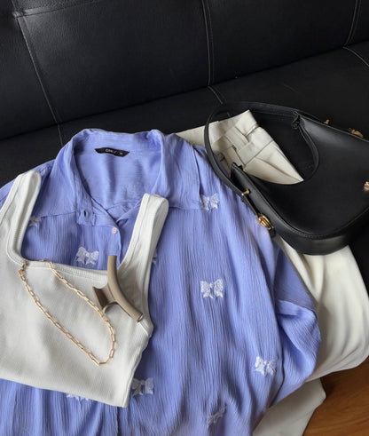 Bow Embroidery Shirt (Blue)