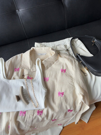 Bow Embroidery Shirt (Beige)