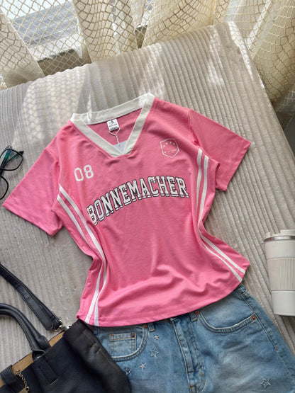 Pink Varsity V-neck Jersey