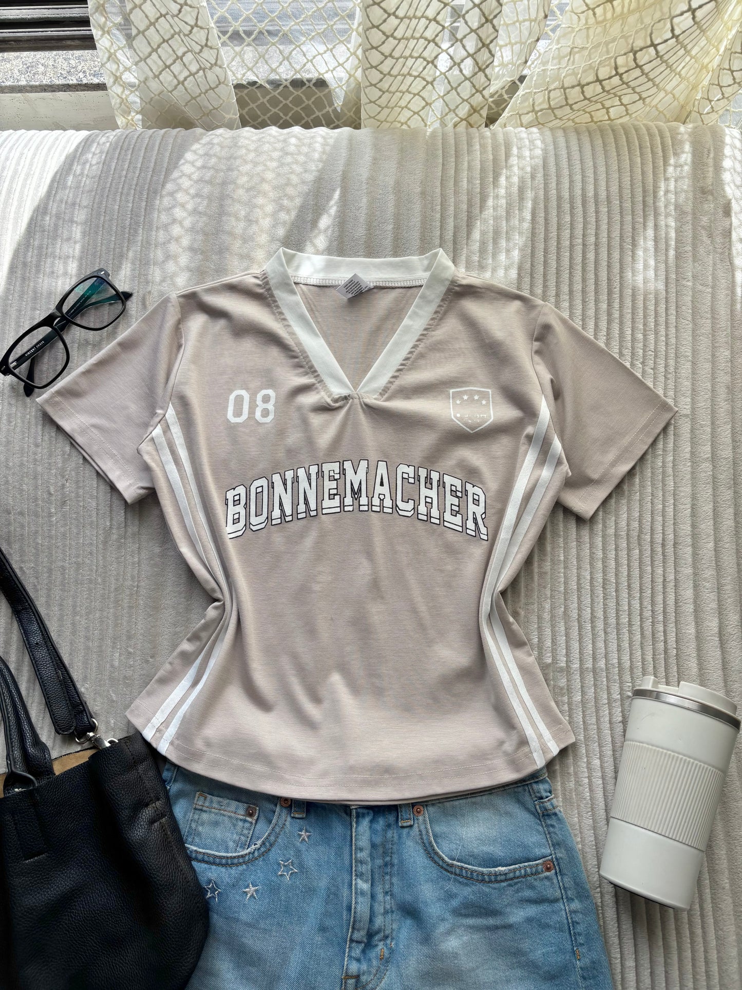 Beige Varsity V-neck Jersey