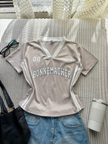Beige Varsity V-neck Jersey
