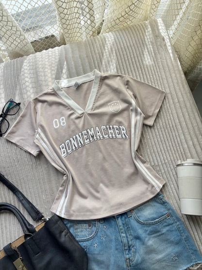 Beige Varsity V-neck Jersey