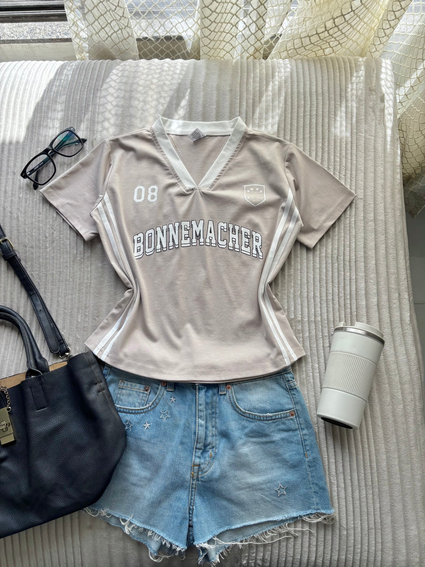 Beige Varsity V-neck Jersey