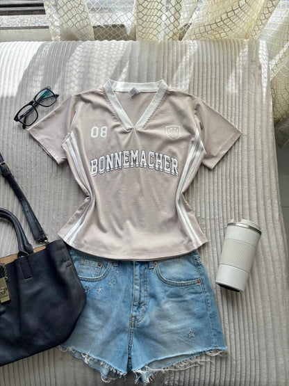 Beige Varsity V-neck Jersey